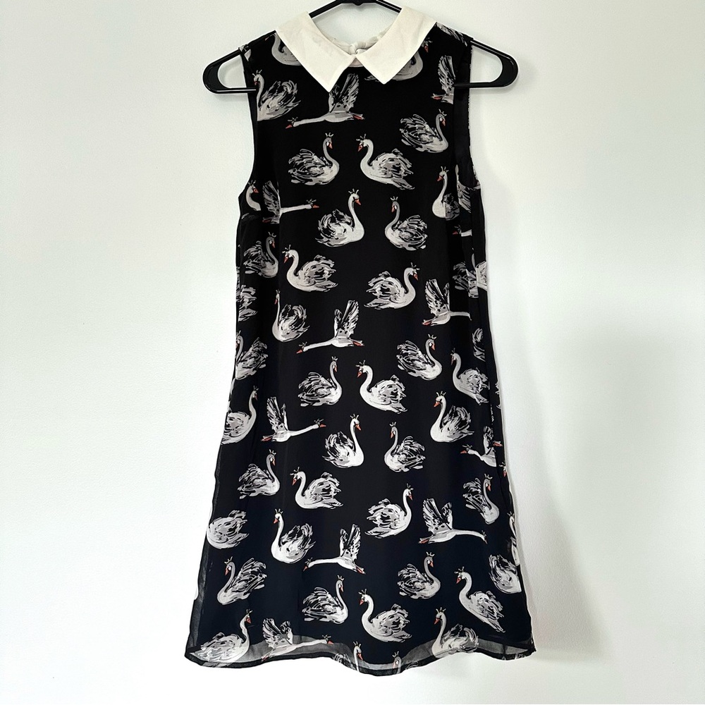 Black Swan Print shift Dress with White Collar modcloth